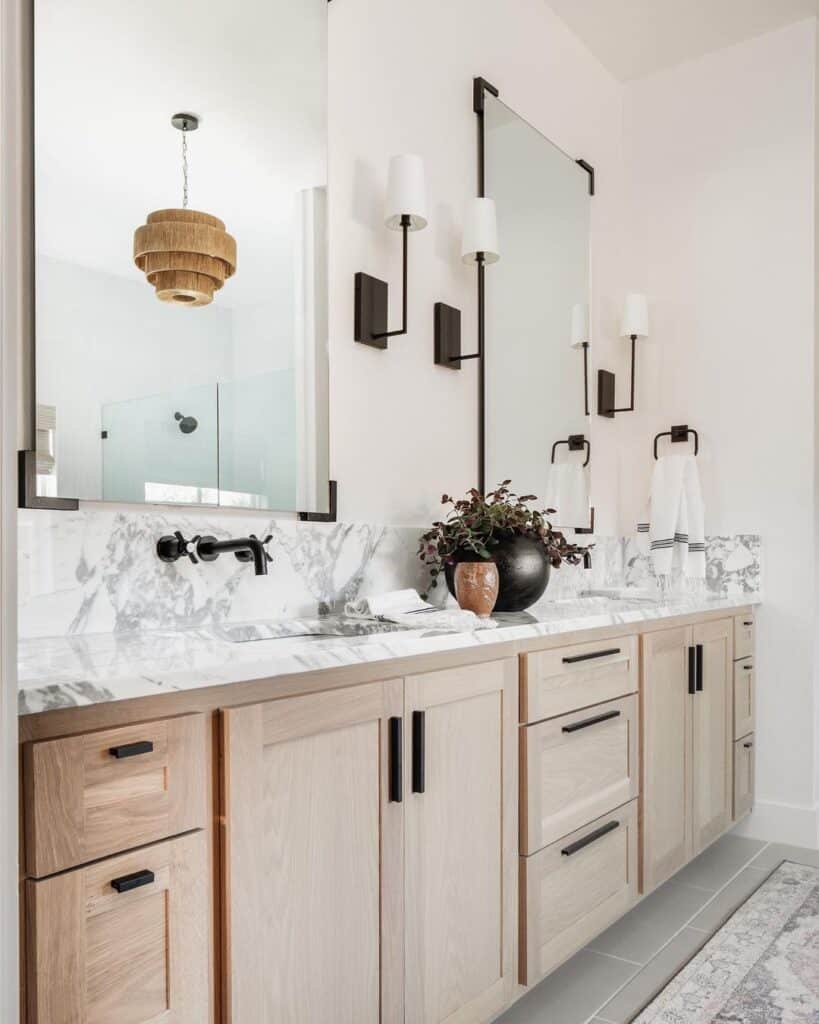 Light Natural Wood Vanity with Marble Counter