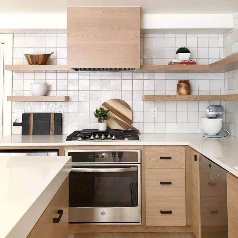 Light Wood Cabinets and Floating Shelves