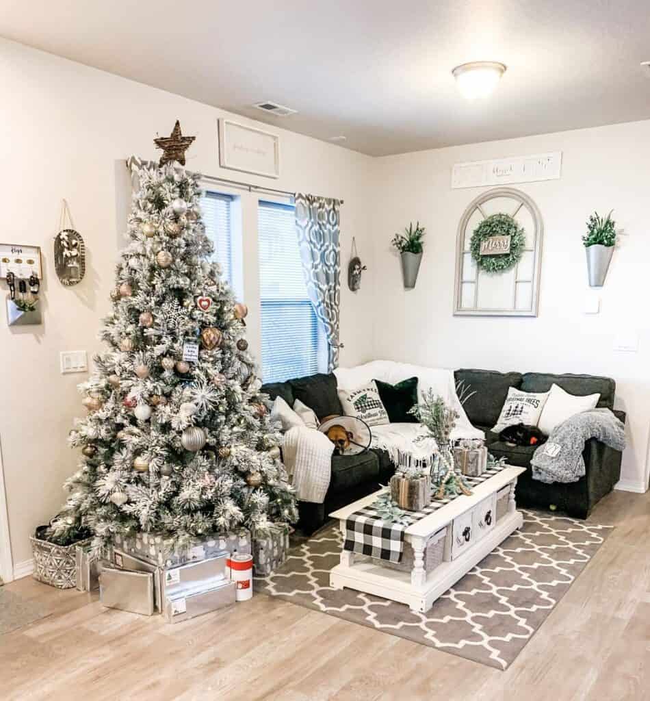 Living Room with Christmas Decor and Wood Window Frame
