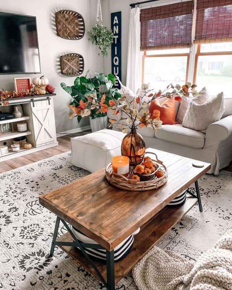 Living Room with Dark Wood Coffee Table and Fall Decor