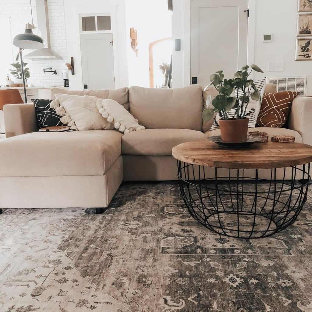 Living Room with Drum Coffee Table and Beige Sofa