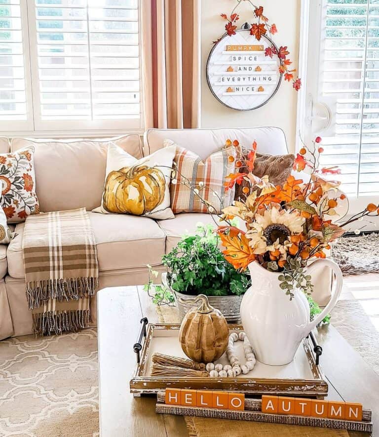 Living Room with Fall Coffee Table Centerpiece