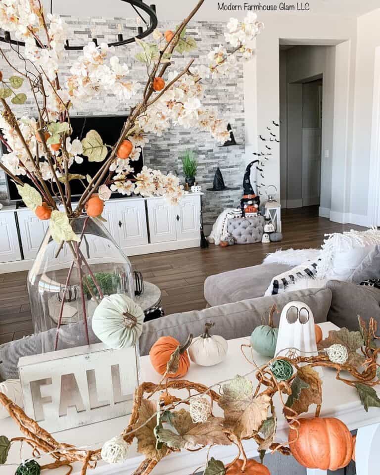 Living Room with Fall Coffee Table Decorations