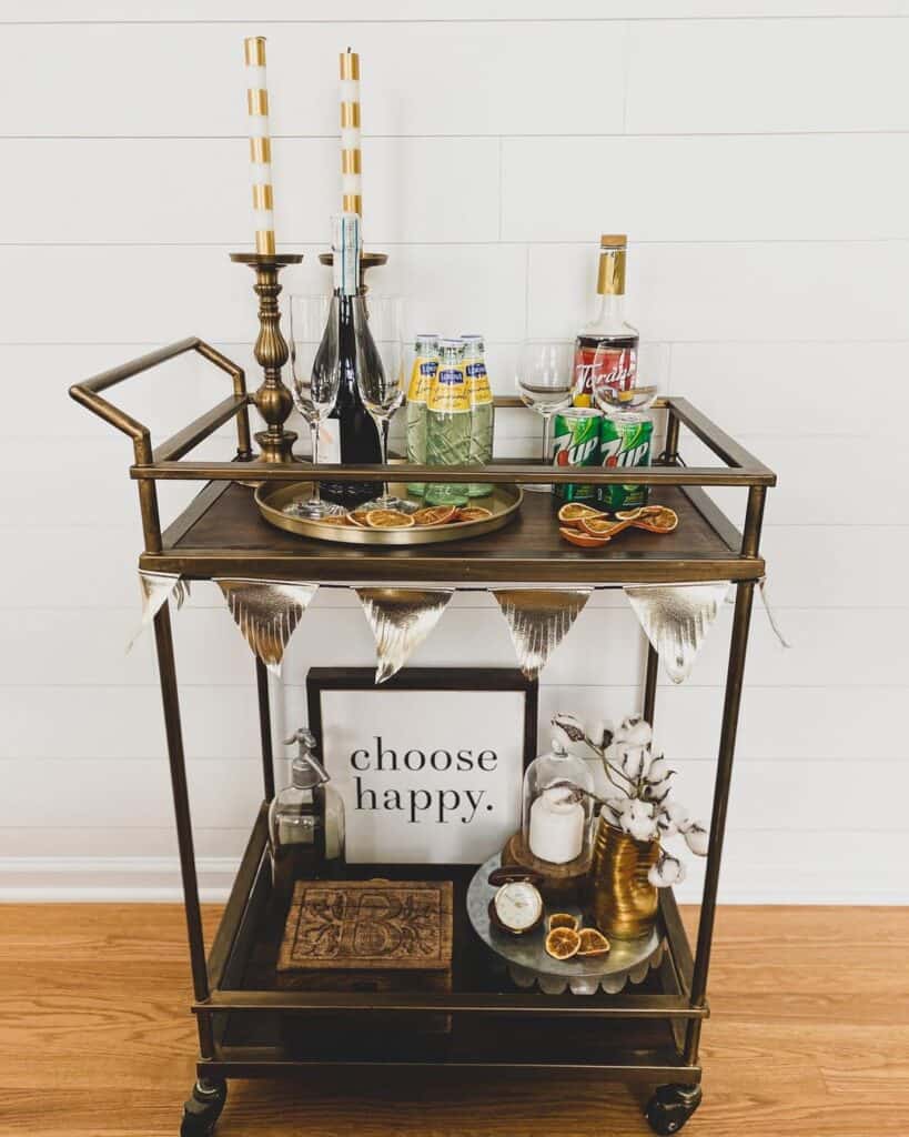 Living Room with Glam Bar Cart Decor