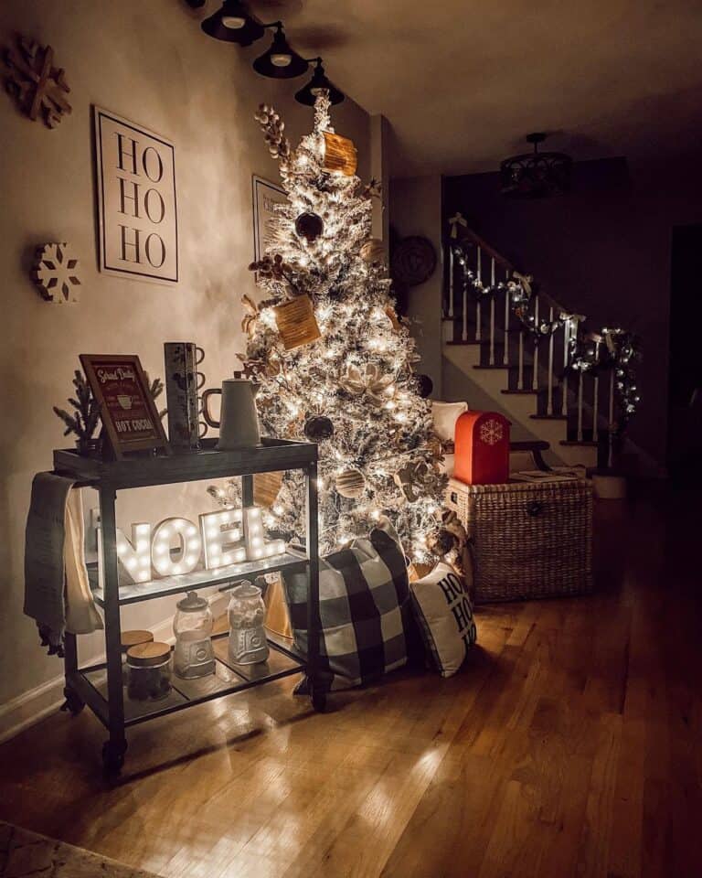 Living Room with Glowing Christmas Tree and Decorated Bar Cart