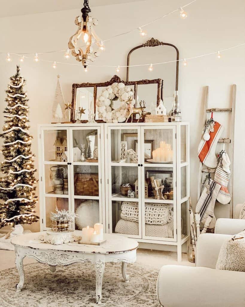 Living Room with String Lights and Cabinets