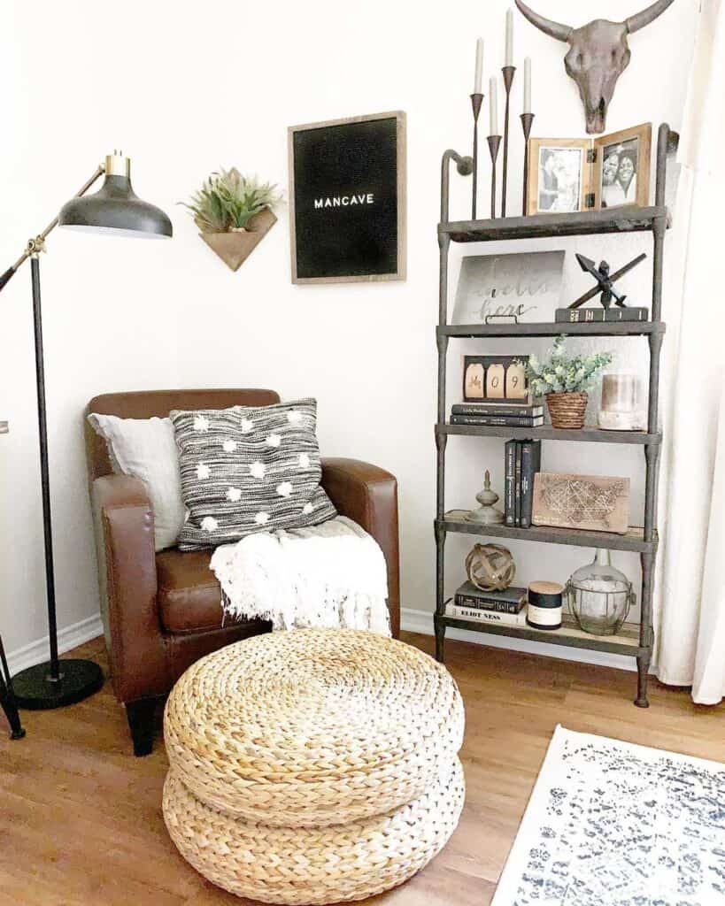 Man Cave with Leather Chair and Rattan Ottoman