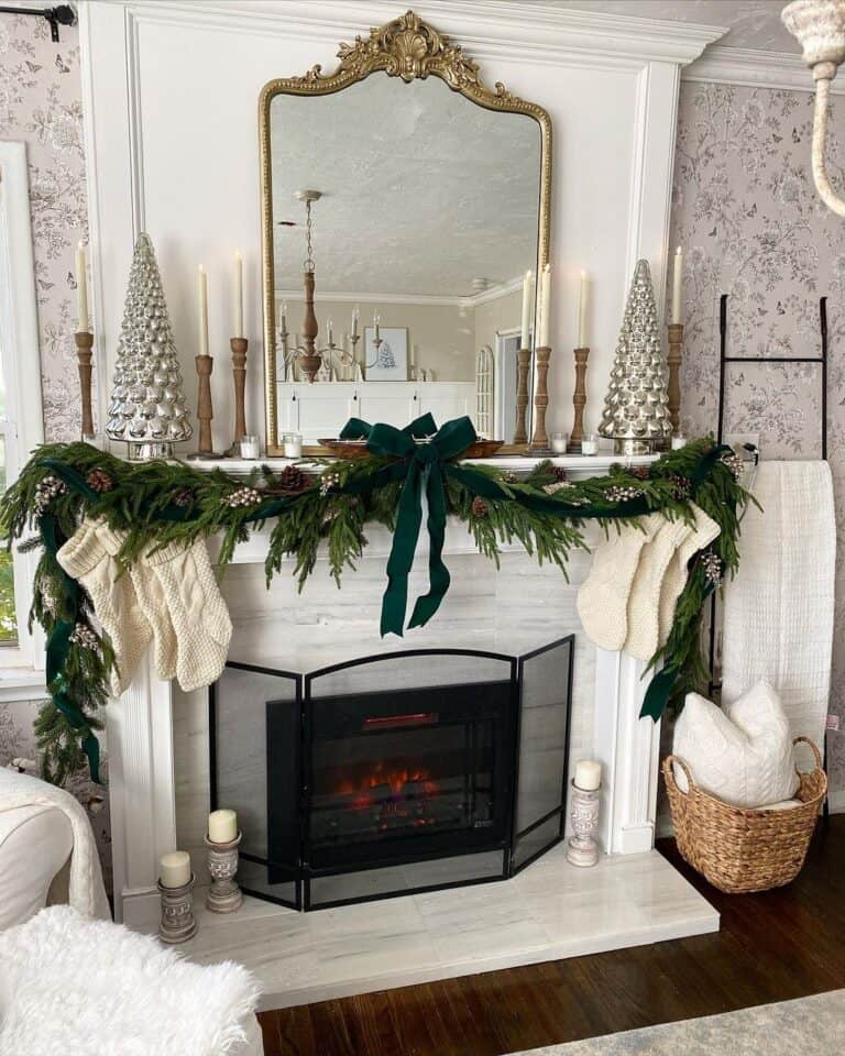 Marble Tile Fireplace with Black Fireplace Gate