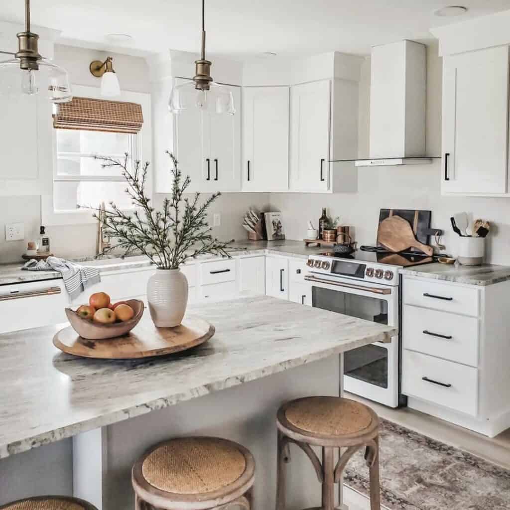 Minimalist Centerpiece on White Kitchen Island