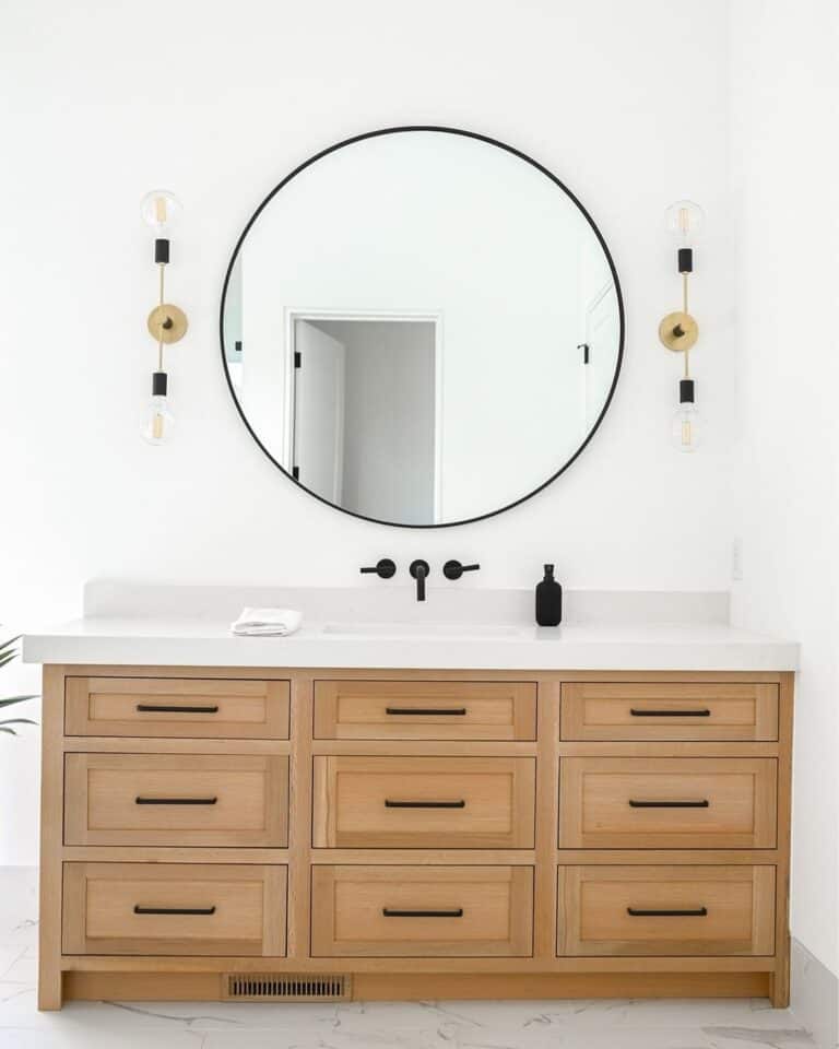 Modern Bathroom with Natural Wood Vanity and Round Mirror - Soul & Lane