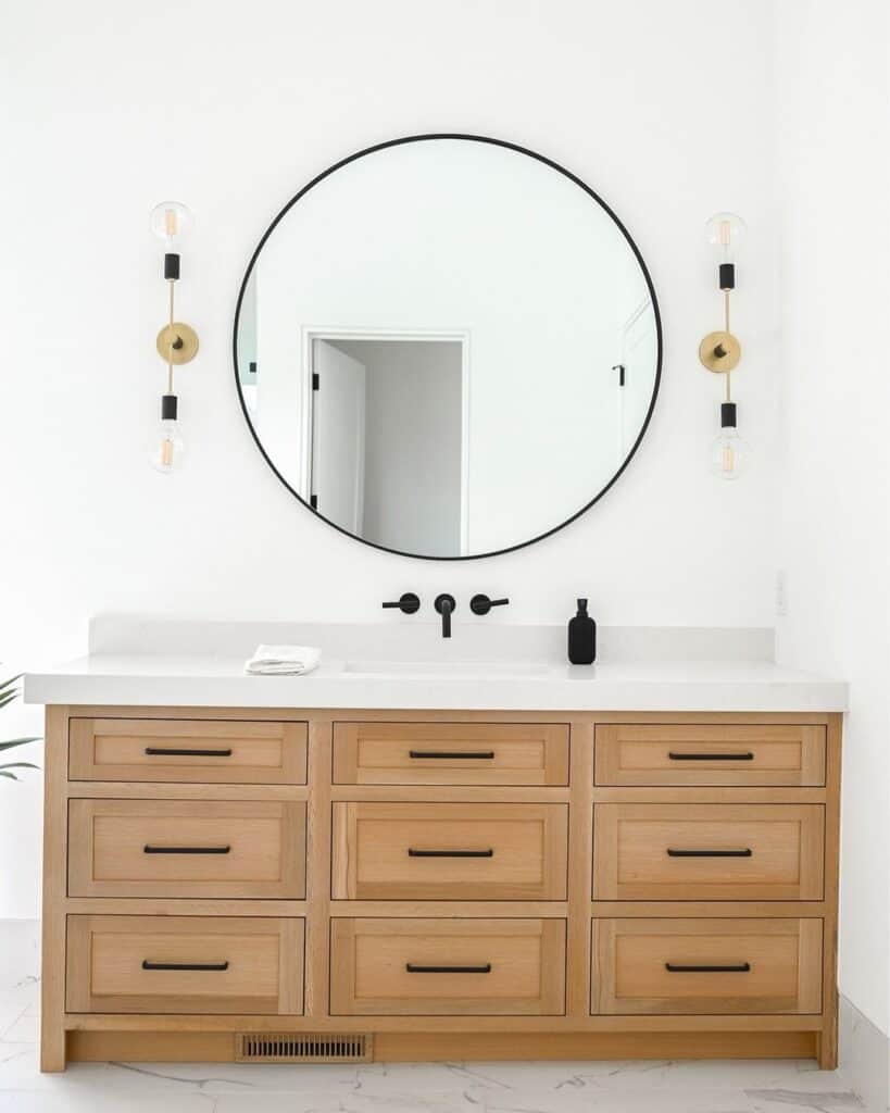 Modern Bathroom with Natural Wood Vanity and Round Mirror