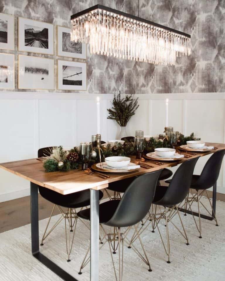Modern Black Dining Room Chairs and Abstract Wallpaper