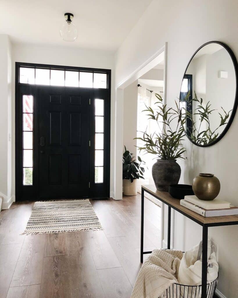 Modern Black Farmhouse Front Door With Sidelights and a Transom