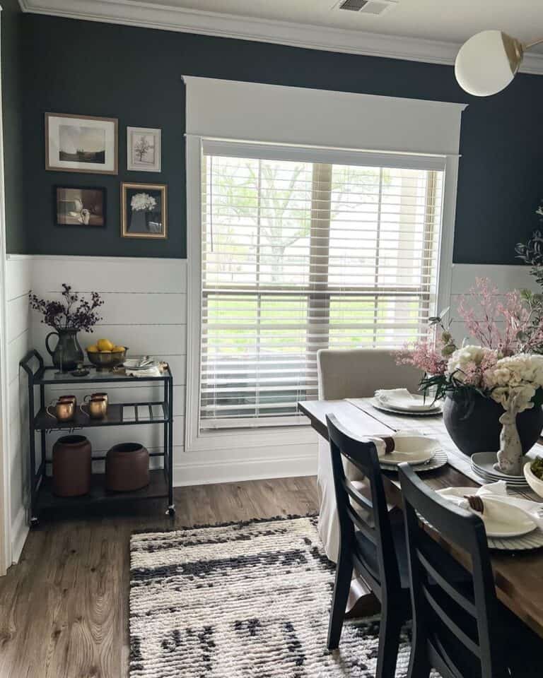 Modern Farmhouse Dining Room with Black Metal Bar Cart