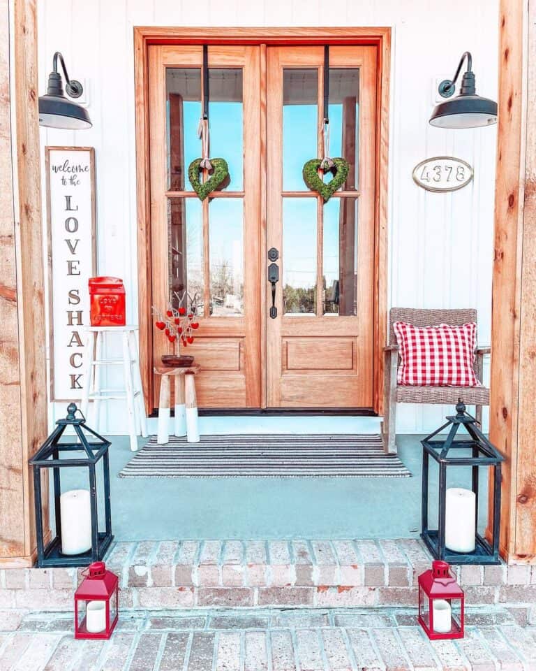 Modern Farmhouse Wood Front Door and Lanterns