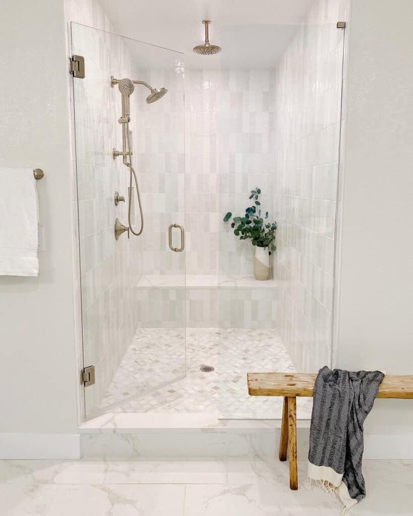 Modern Shower Bench and Nickel Faucets