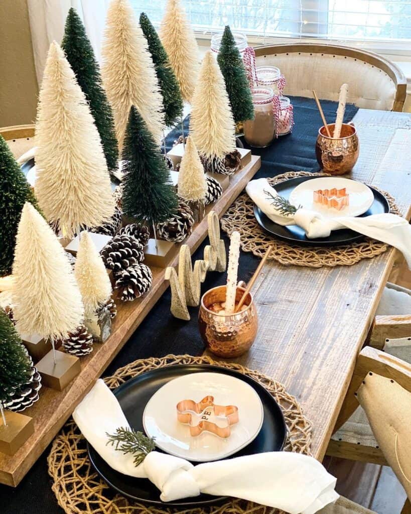 Modern White and Dark Green Wood Tree Christmas Centerpiece for Dining Table