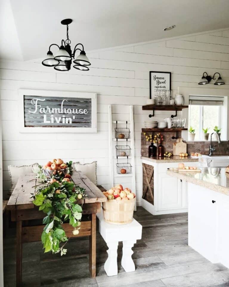Monochrome Farmhouse Kitchen with Apple Accents
