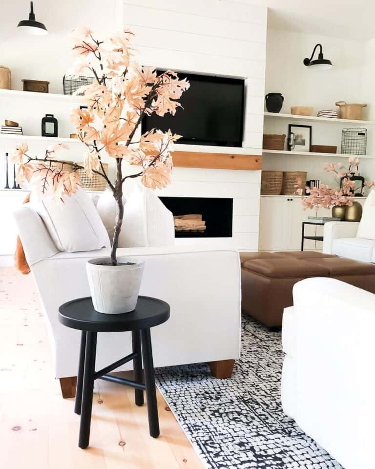 Monochrome Living Room with Orange Plants