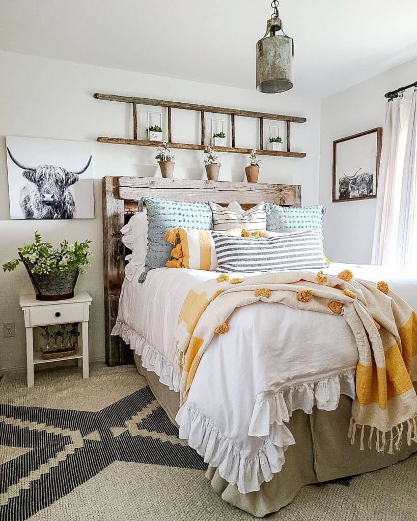 Navy and Yellow Throw Pillows in a Rustic Bedroom