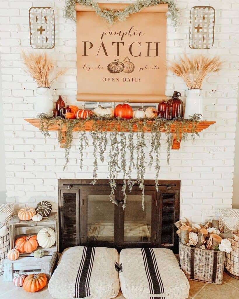 Neutral Brick Fireplace with Fall Décor
