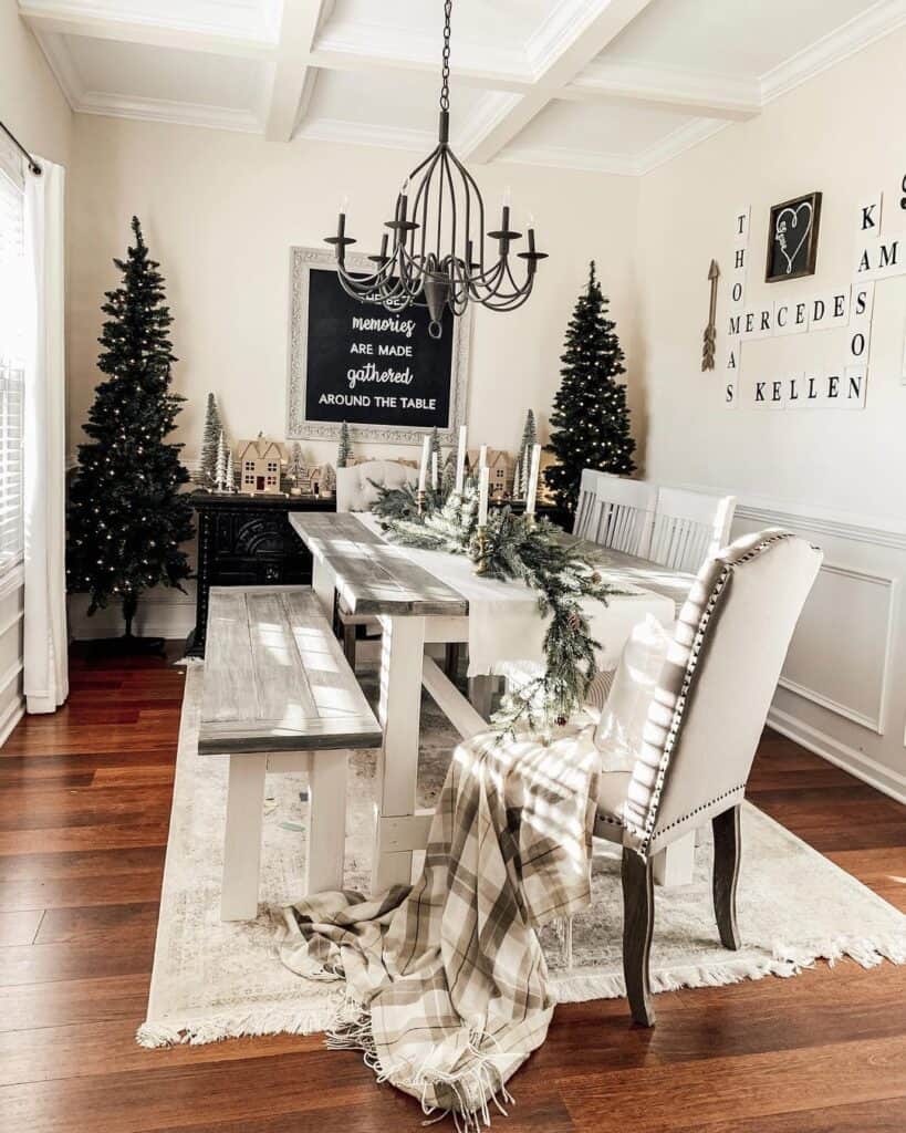 Neutral Dining Room with Black Christmas Trees