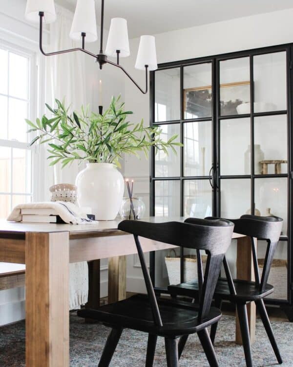 Neutral Dining Room with Black French Doors Soul & Lane