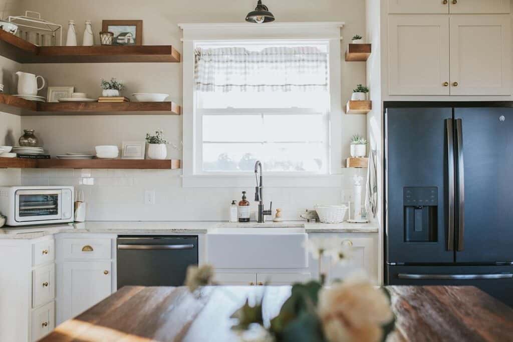 Neutral Kitchen with Wooden Floating Shelving
