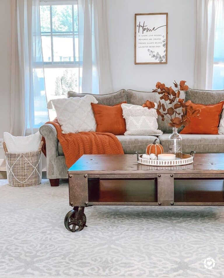 Neutral Living Room with Burnt Orange Accents