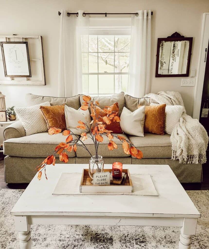 Neutral Living Room With Burnt Orange Fall Accents