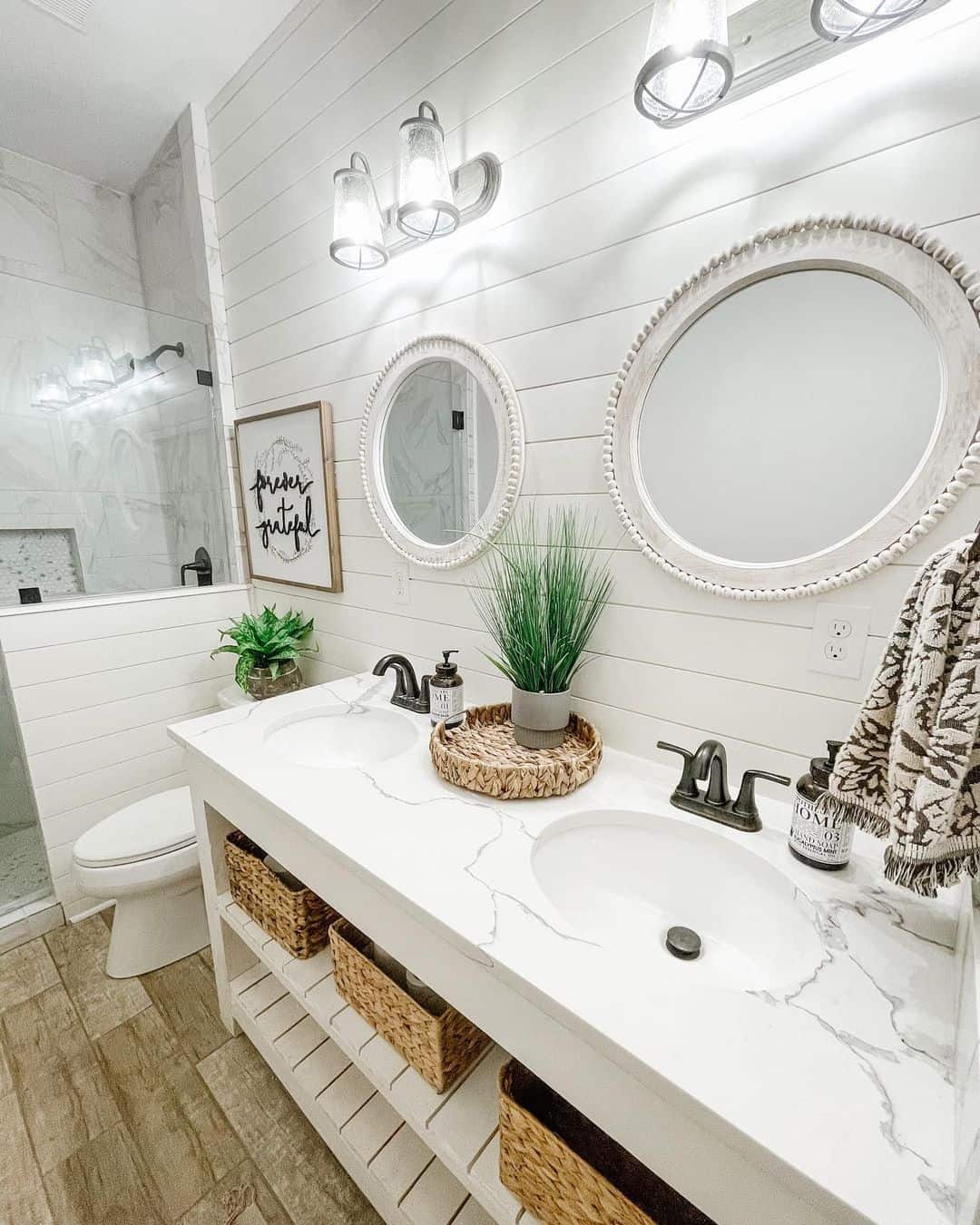 Nickel Bathroom Vanity Lighting in Shiplap Bathroom Soul & Lane