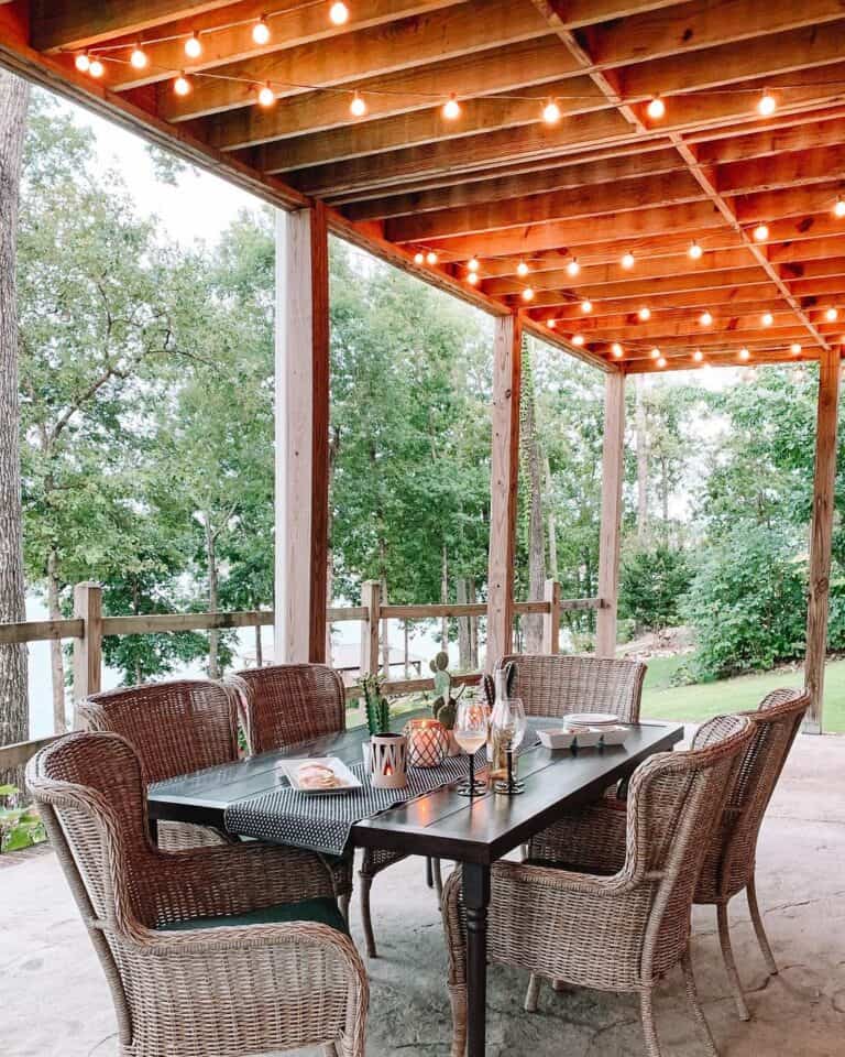 Outdoor Farmhouse Light Fixtures Hanging From a Wood Ceiling