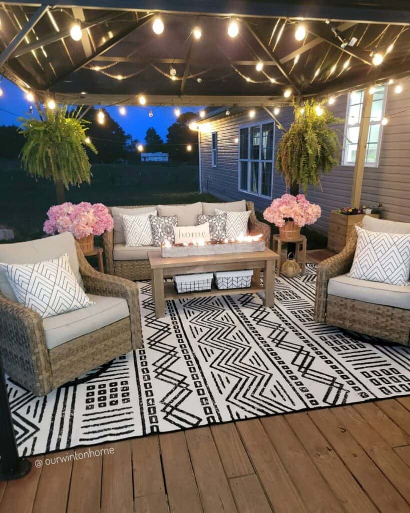 Outdoor Farmhouse Light Fixtures on a Black Covered Porch