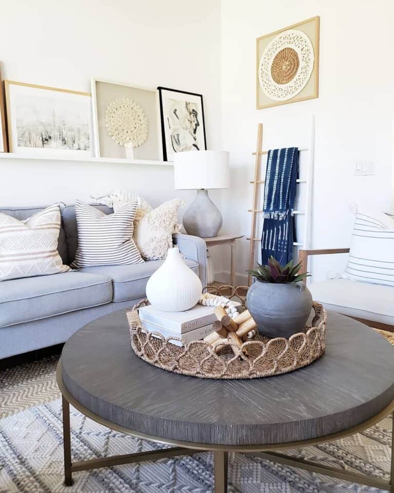 Pale Blue Sofa with Round Coffee Table