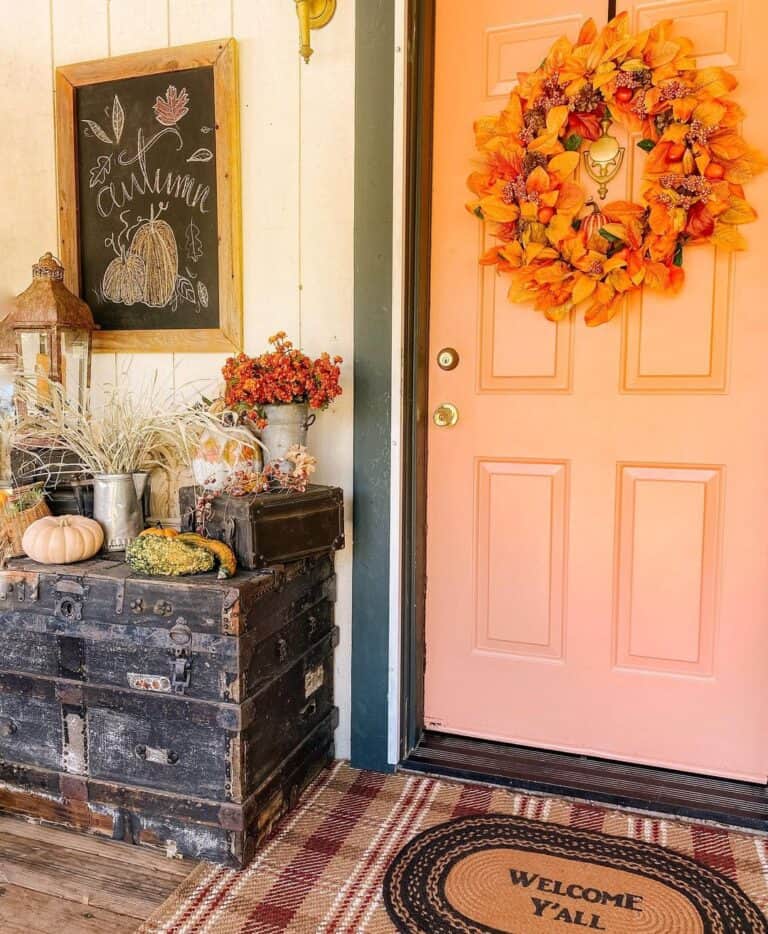 Pale Orange Door with Fall Decorations