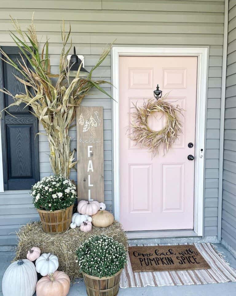 Pale Pink Front Door with Fall Accessories