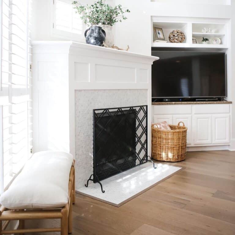Penny Tile Fireplace with Black Fireplace Screen