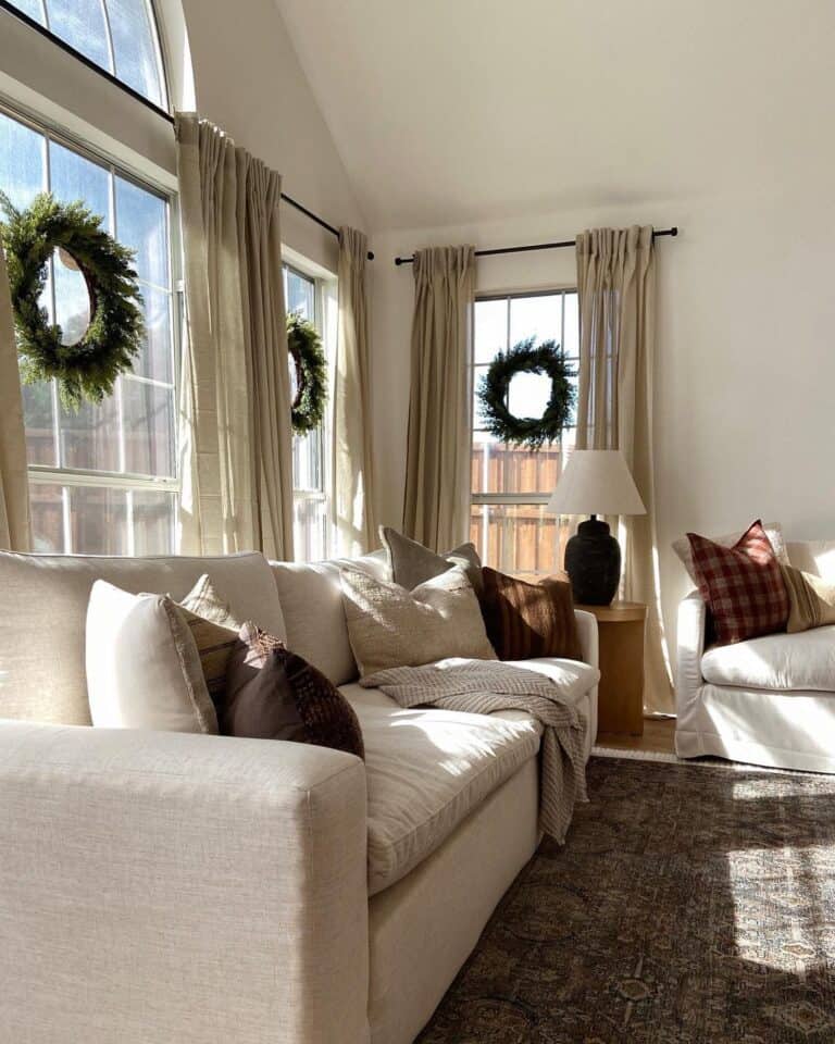 Pine Wreaths in Vaulted Ceiling Living Room