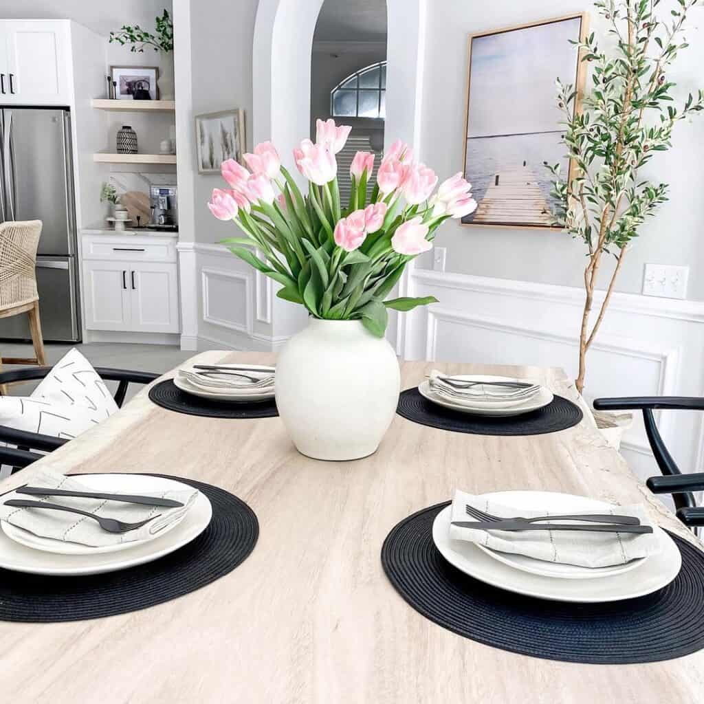 Pink Tulip Floral Table Centerpiece in White Vase