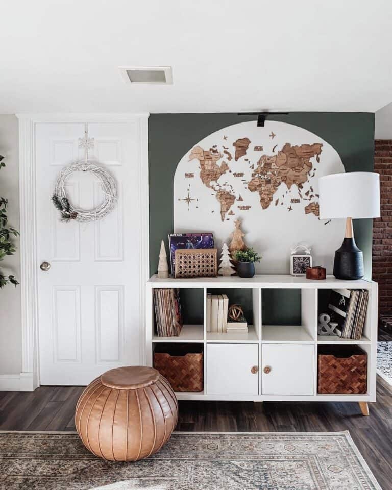 Playroom Storage Ideas with Maps and Wood Accents