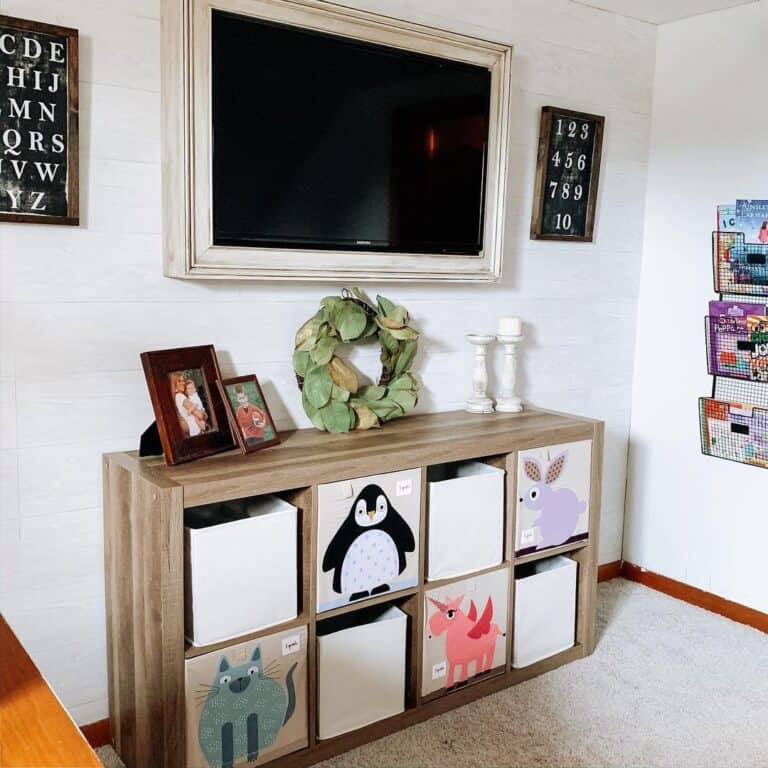 Playroom Storage Unit With Animal Bins and Wire Shelves