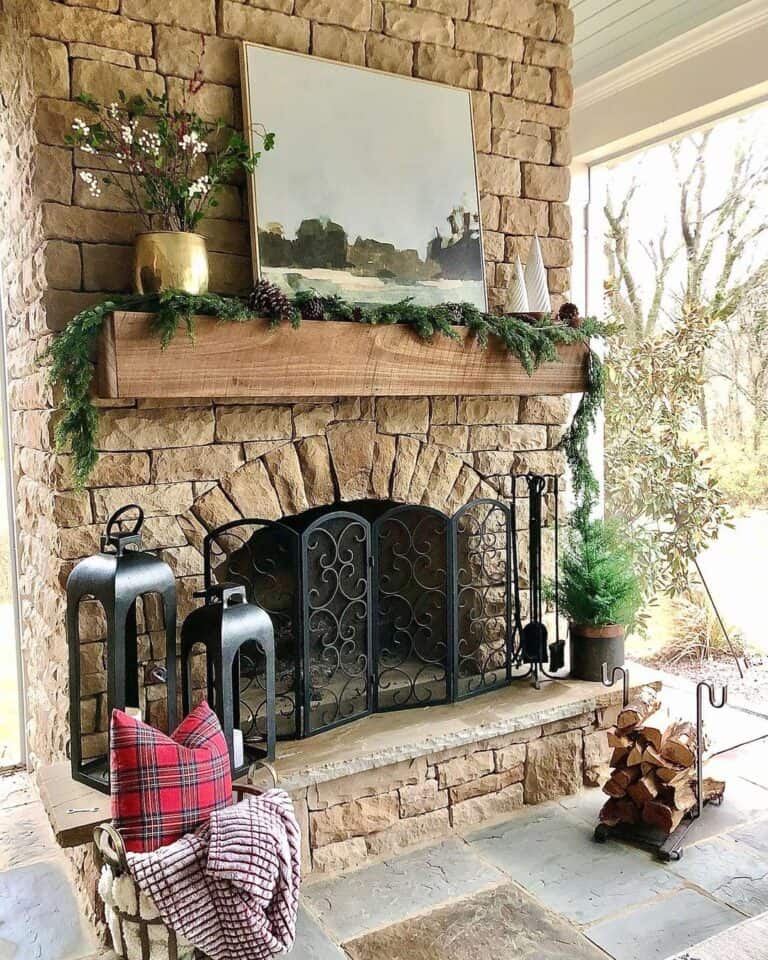 Porch Fireplace with Black Fireplace Screen