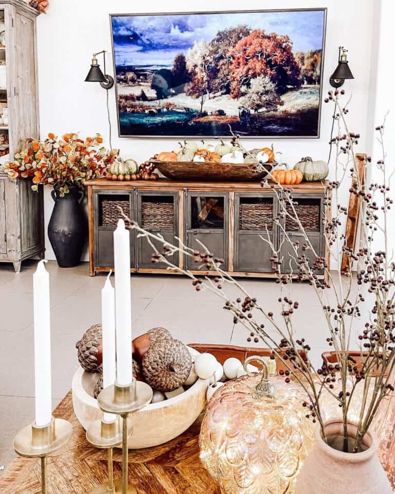 Pumpkin-Bedecked Side Table Decor