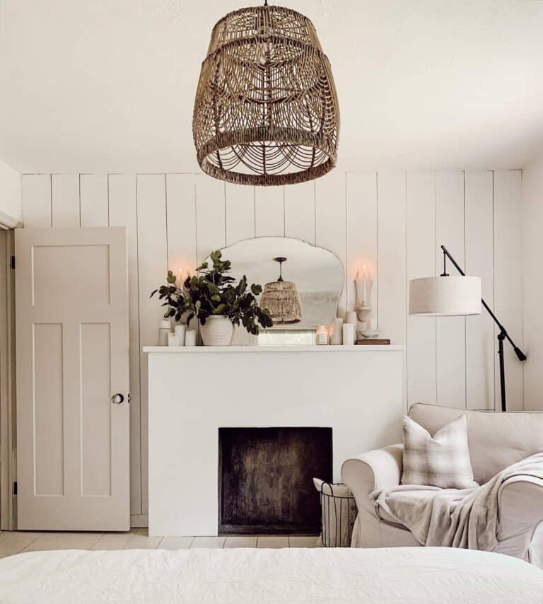 Rattan Pendant Light and a White Fireplace