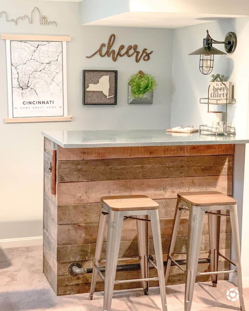 Reclaimed Wood Bar with Metal Stools