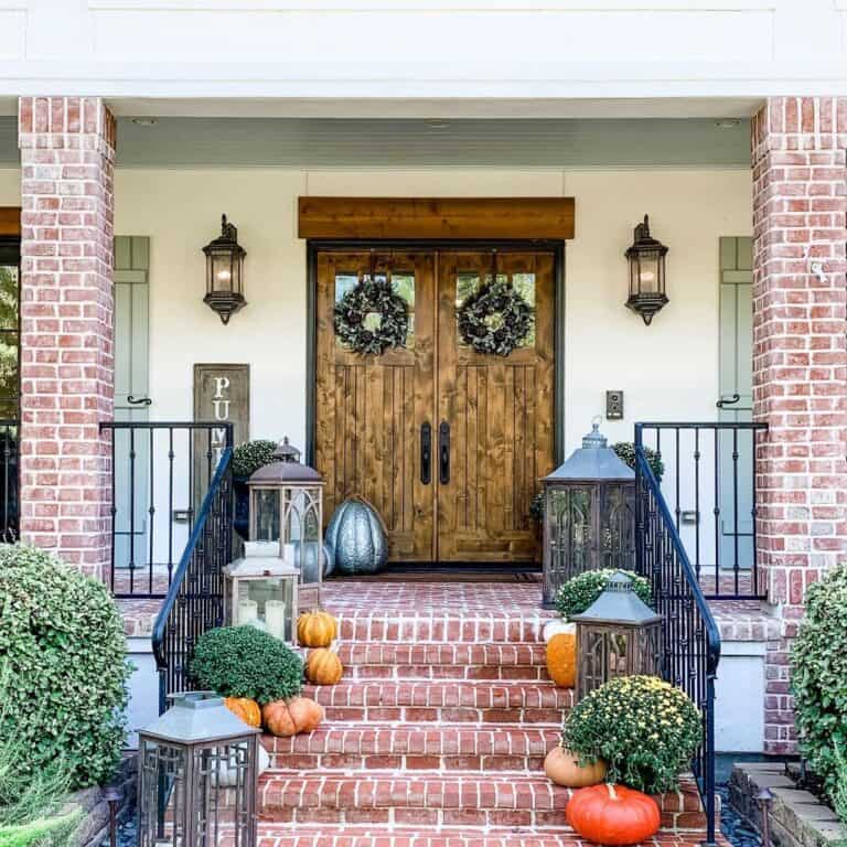 Red Brick Steps with Fall Decorations