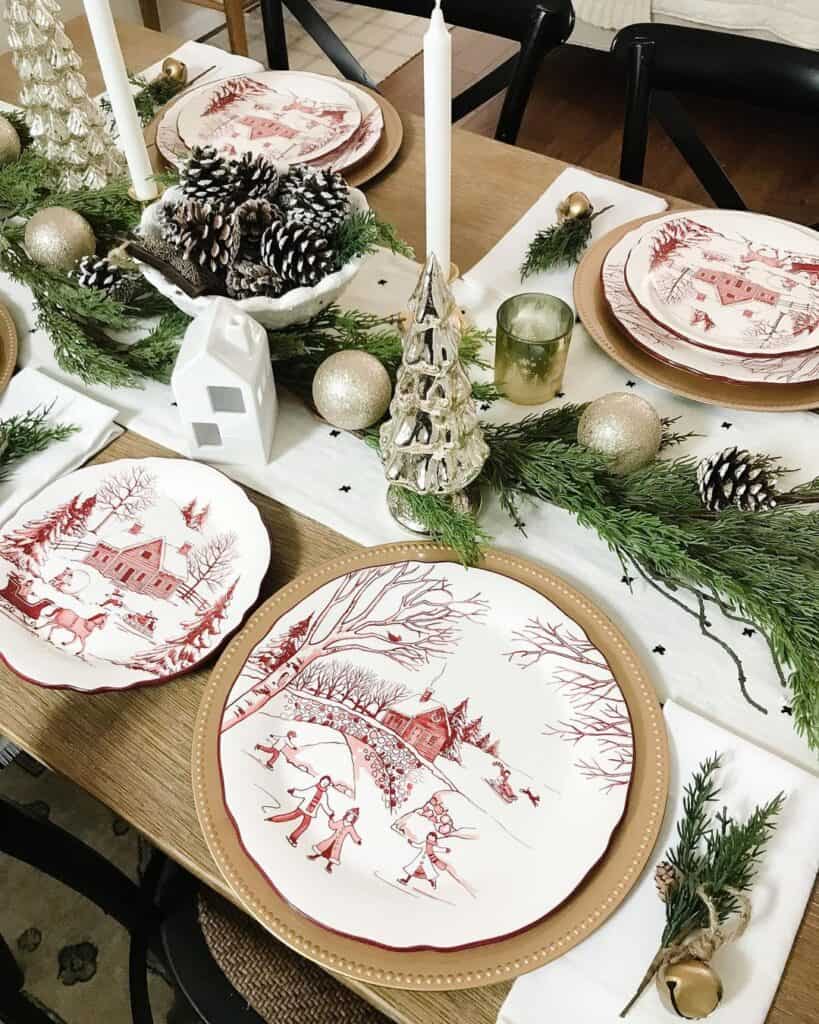Red Patterned China Plates with Silver Christmas Decor