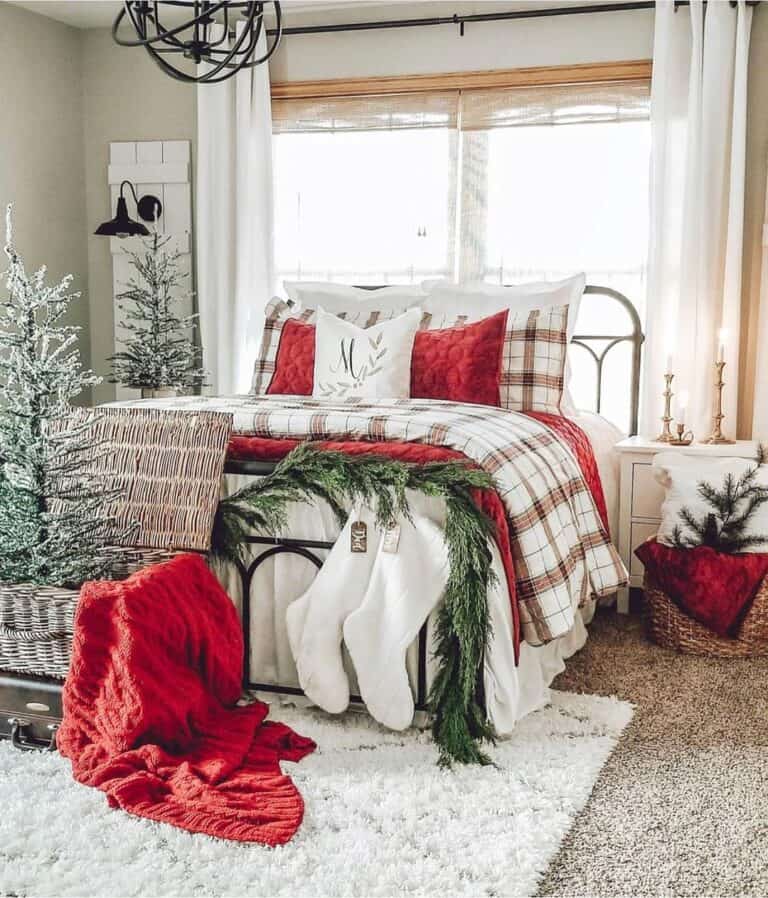 Red and White Plaid Comforter Set with Greenery Décor