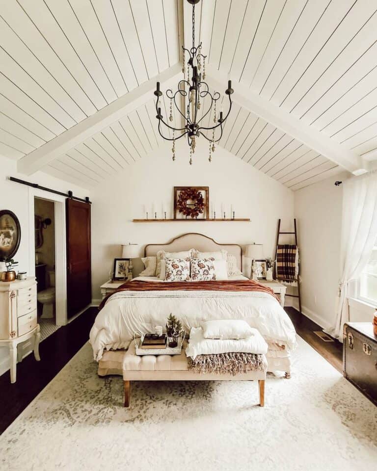 Rich Caramel and Cream Bedroom with Shiplap Ceiling