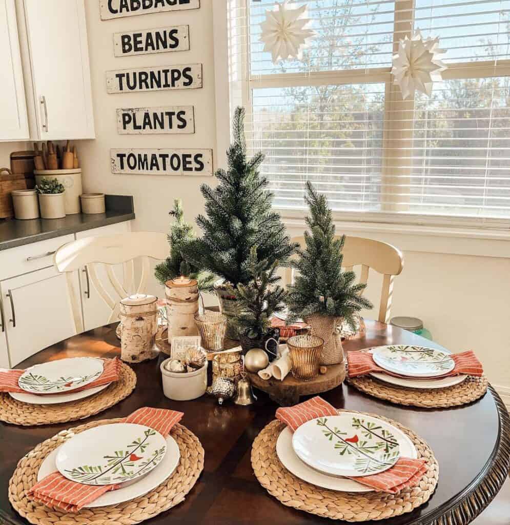 Round Dining Room Table with Evergreen Tree Centerpiece